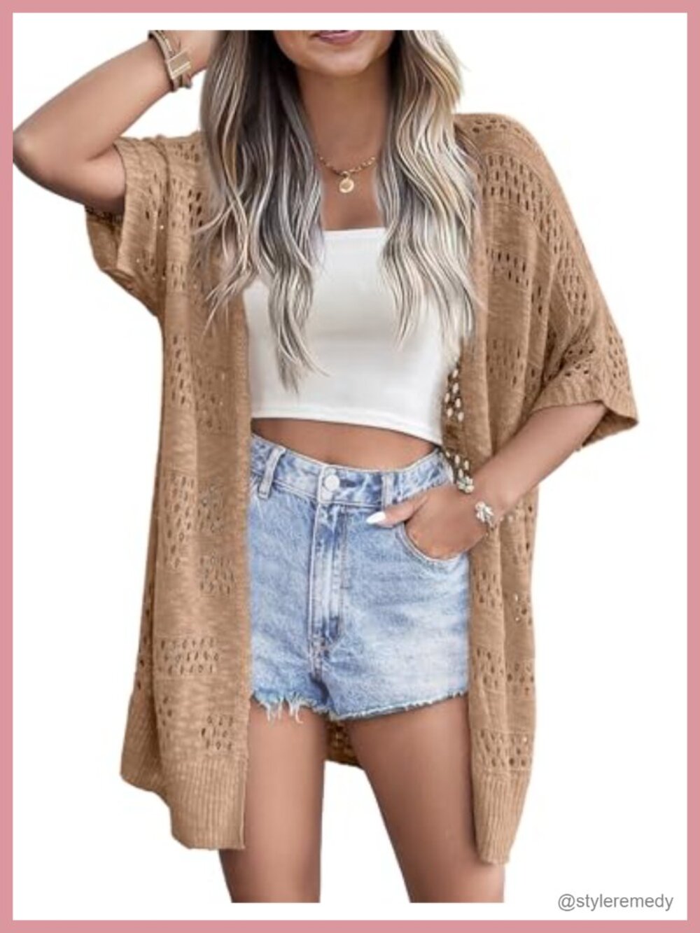Lightweight Crochet Knit Open Front Batwing Short Sleeve Cardigan Coverup